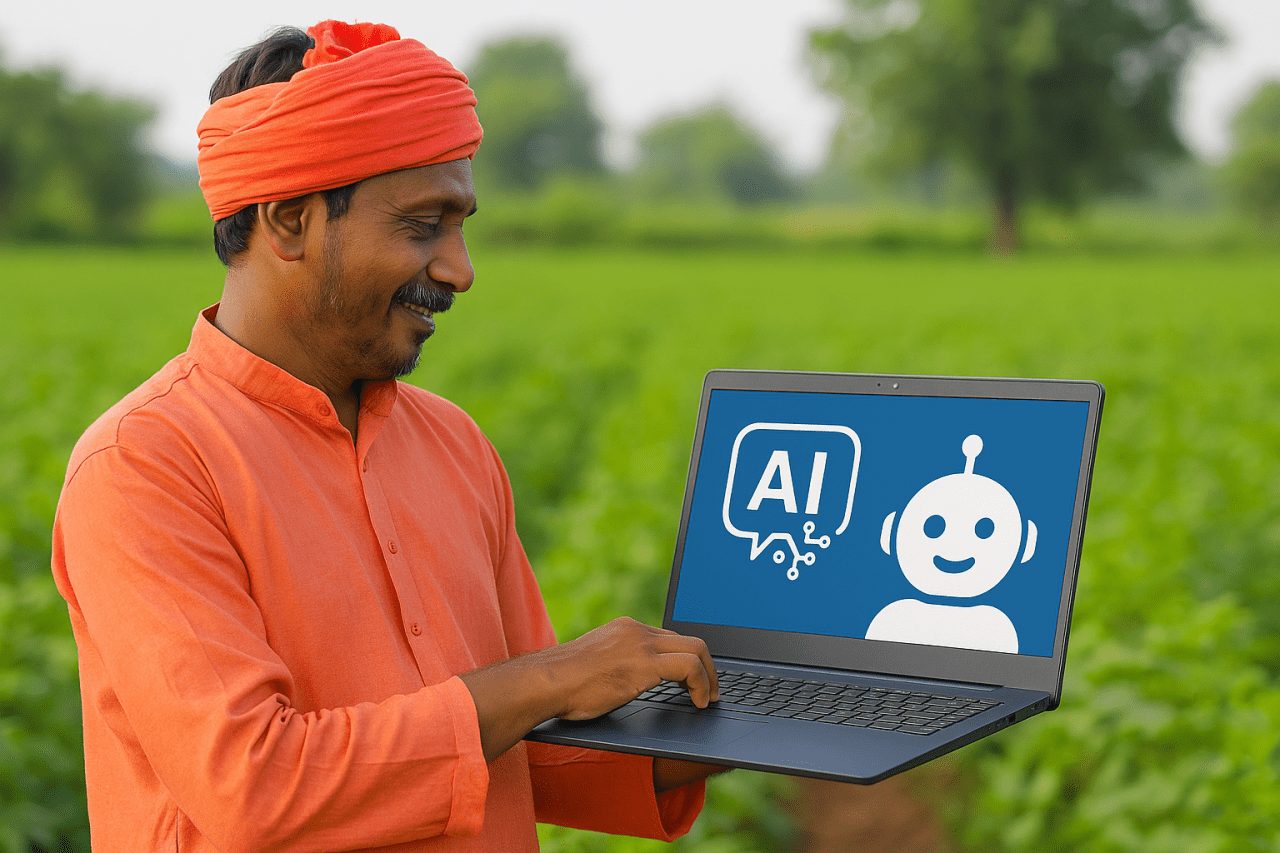 Farmer chatting with an AI chatbot.